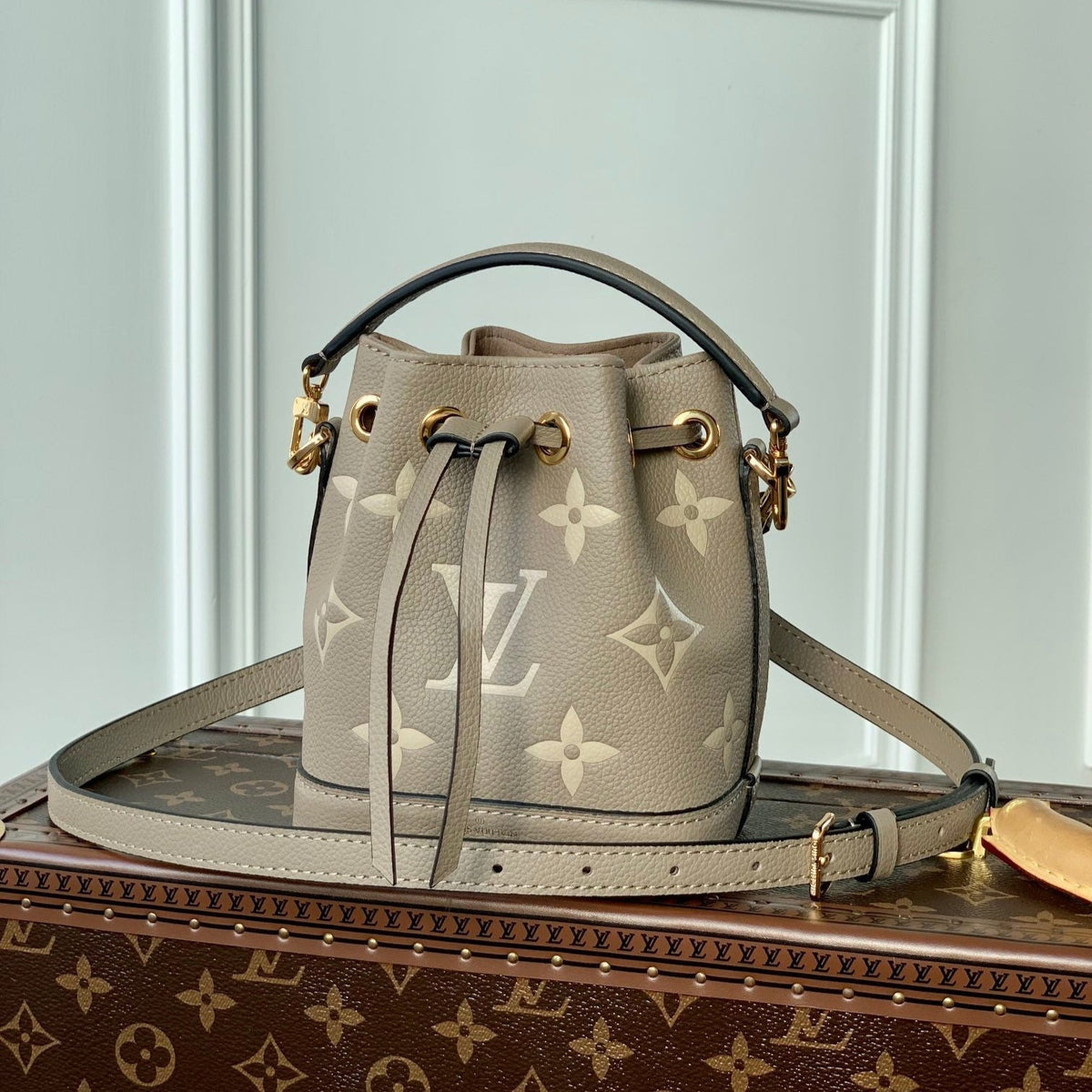NANO NOÉ 16 IN GREY TOURTERELLE BICOLOR MONOGRAM EMPREINTE CALFSKIN