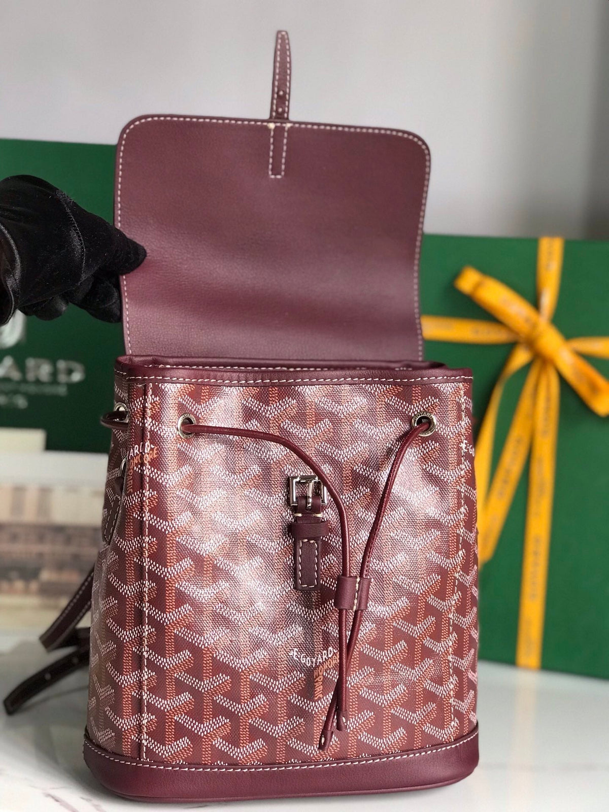 ALPIN MINI BACKPACK 21 IN WINE RED LAMBSKIN AND GOYARDINE CANVAS