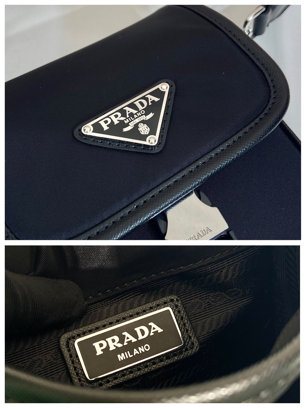 PHONE BAG 19 IN BLACK RE-NYLON AND SAFFIANO LEATHER TRIM