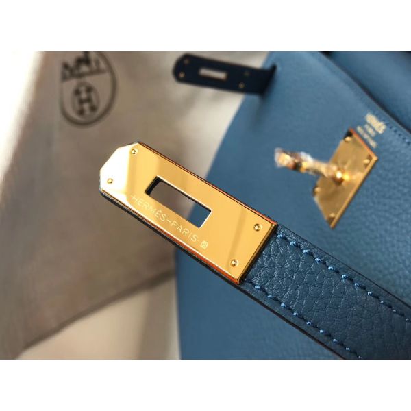 HERM Kelly 32cm Bag In Blue Agate Clemence Leather GHW