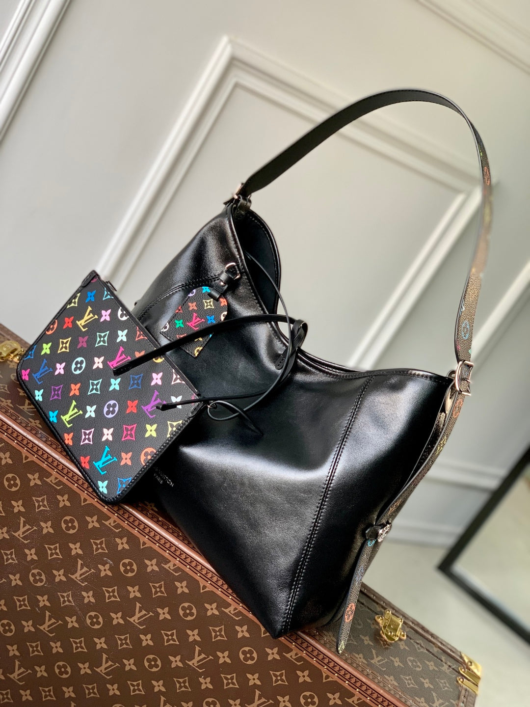 CARRYALL CARGO DARK 39 IN BLACK LAMBSKIN COLORFUL MONOGRAM TAG