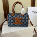 SMALL BOSTON 19 IN SPACE BLUE TRIOMPHE DENIM AND BROWN CALFSKIN TRIM