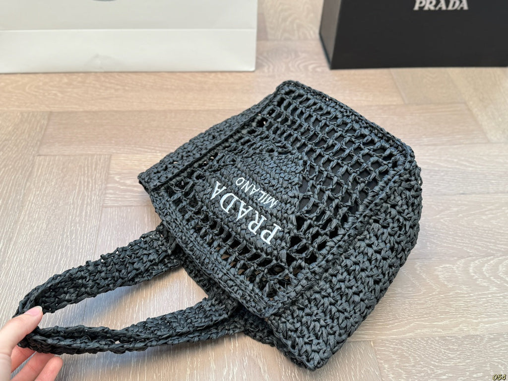 WHITE EMBROIDED LOGO TOTE BAG 22 IN BLACK WOVEN RAFFIA