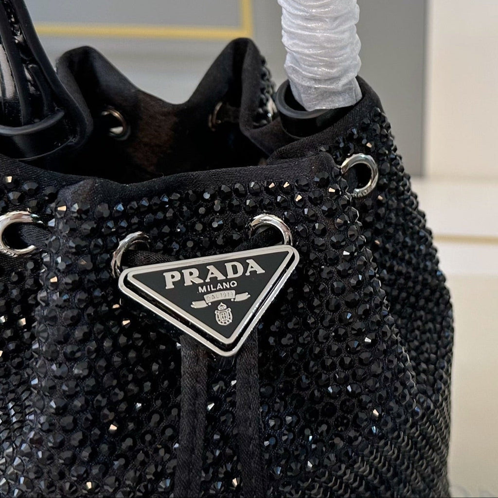 STUDDED BUCKET BAG 19 IN BLACK RE-NYLON MIX CALFSKIN