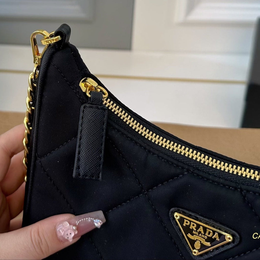 QUILTED HOBO SHOULDER BAG 22 IN BLACK RE-NYLON GOLD HARDWARE