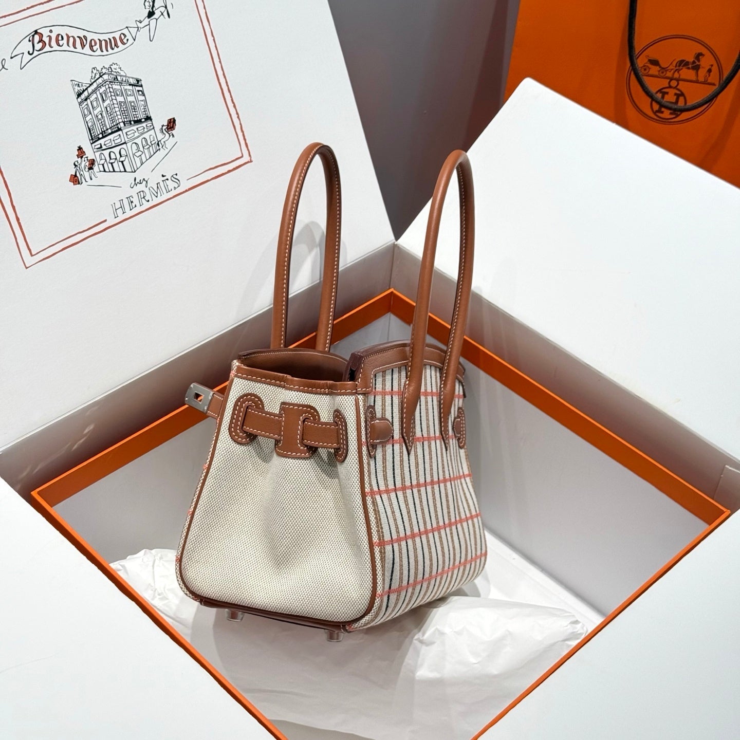 BIRKIN SHOULDER 29 IN GOLD CALFSKIN ÉCRU/BEIGE/FAUVE/ROSE POP/NOIR EMBROIDERY PLAID CANVAS