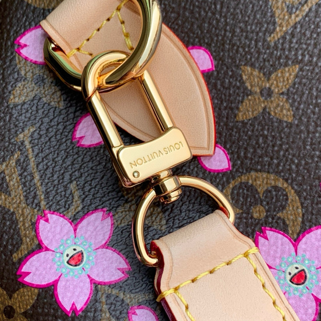 SPEEDY BANDOULIÈRE CHERRY BLOSSOM 25 IN SAKURA BROWN MONOGRAM COATED CANVAS