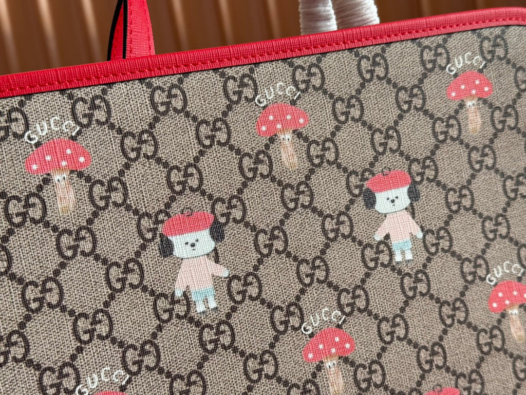CHILDREN'S PRINTED DOG TOTE BAG 28.5 IN BEIGE AND DARK BROWN GG CANVAS RED TRIM