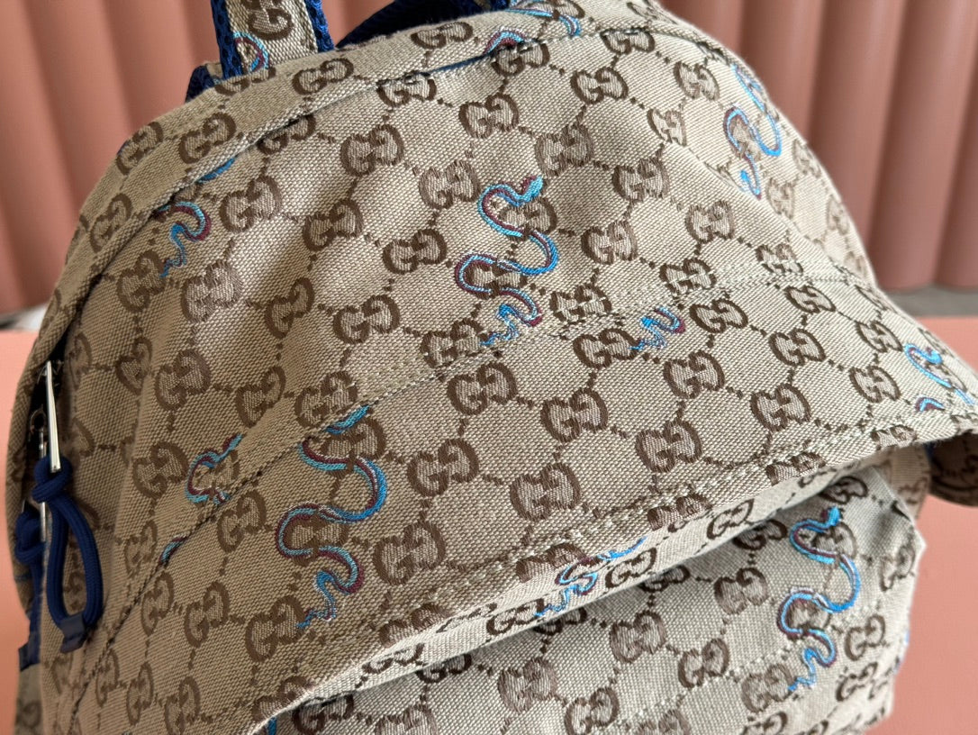 BACKPACK 40 IN BEIGE AND BROWN CANVAS BLUE SNAKE EMBROIDERY