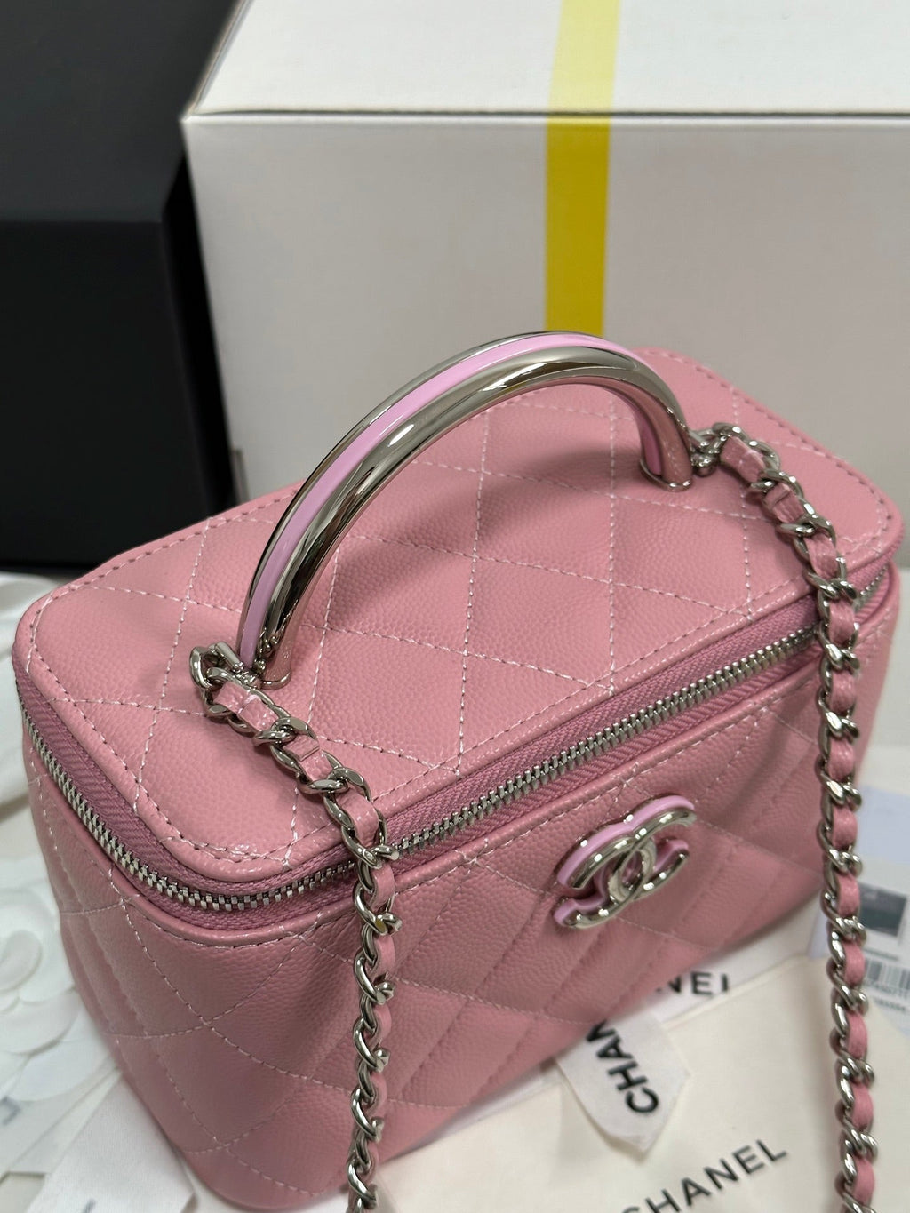 MINI VANITY TOP HANDLE CASE 17 IN PINK CAVIAR SKIN SILVER-TONE PLATED METAL