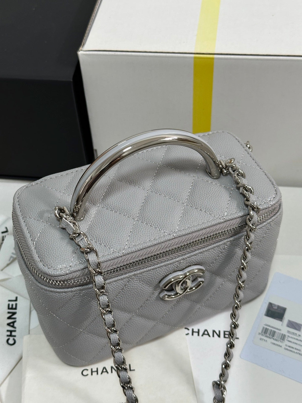 MINI VANITY TOP HANDLE CASE 17 IN GREY CAVIAR SKIN SILVER-TONE PLATED METAL