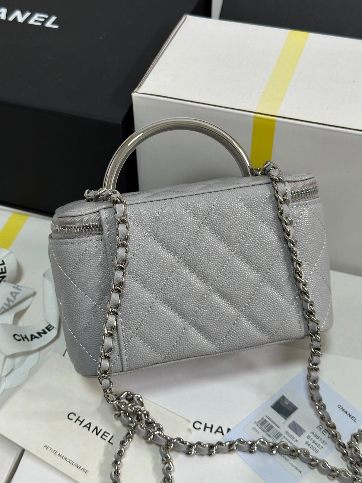 MINI VANITY TOP HANDLE CASE 17 IN GREY CAVIAR SKIN SILVER-TONE PLATED METAL
