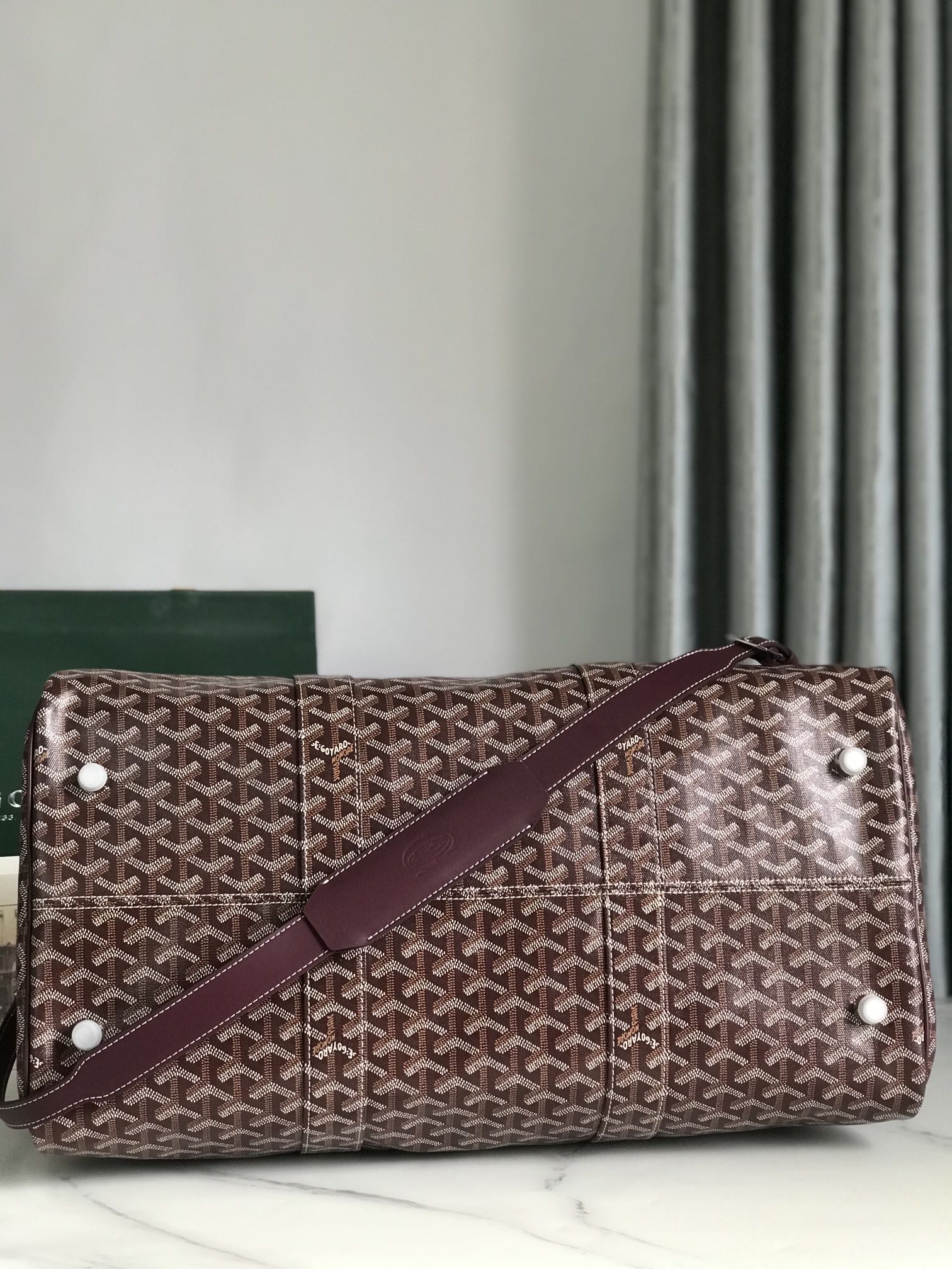 BOSTON 50 BAG IN WINE RED GOYARDINE CANVAS AND CALFSKIN TRIM