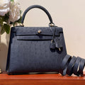 KELLY SELLIER 25 BAG IN PRUSSIAN BLUE OSTRICH LEATHER WITH GOLD HARDWARE