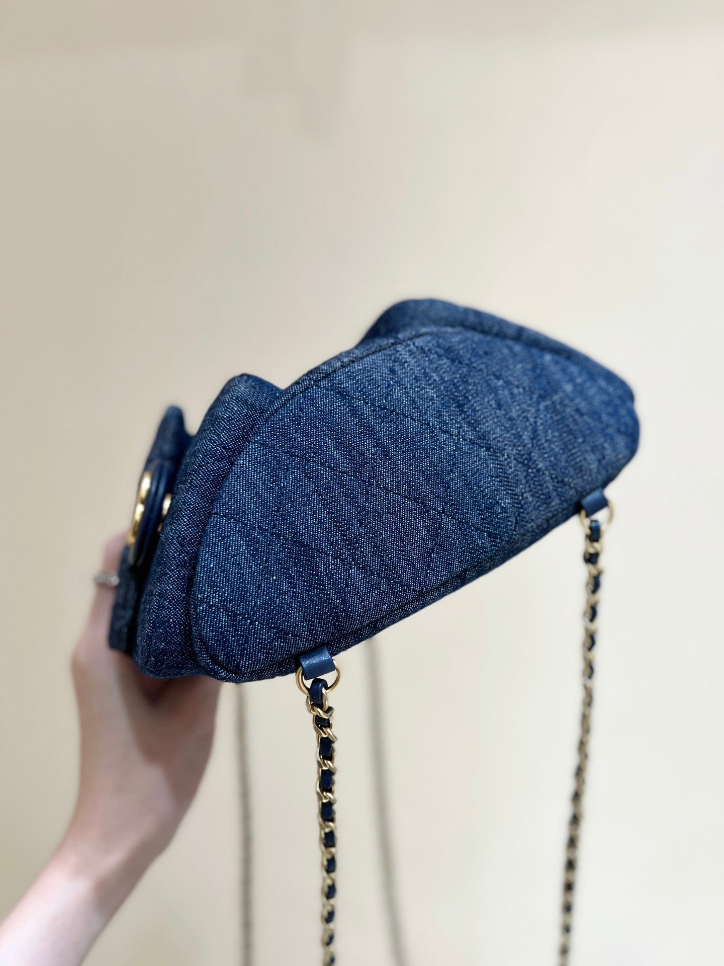 DRAWSTRING BUCKET BACKPACK 24 IN DARK BLUE DENIM GOLD HARDWARE